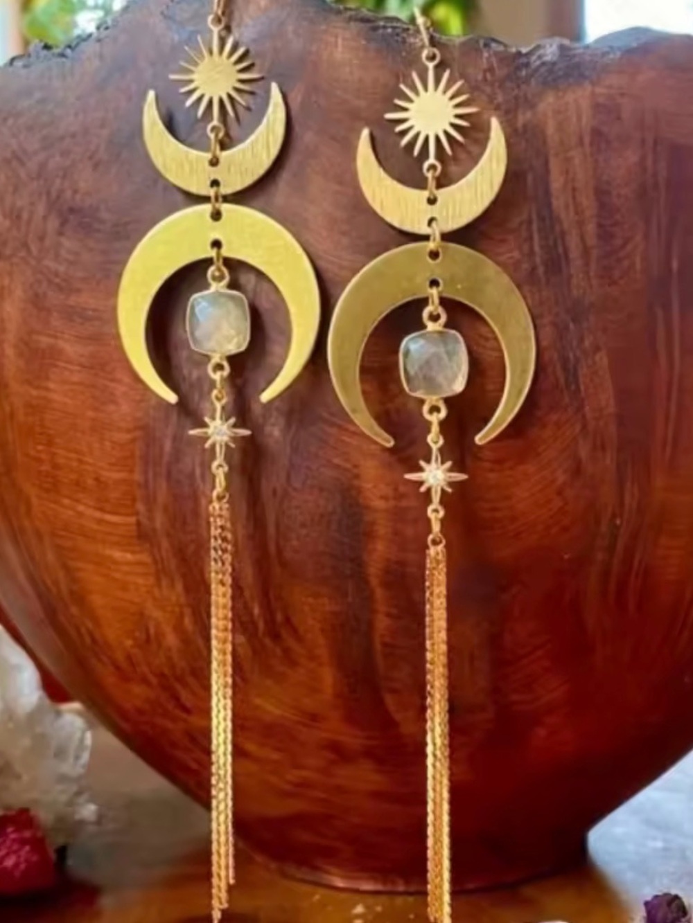 New Bohemian Gold Celestial Moon & Star Drop Earrings with Moonstone Accent
